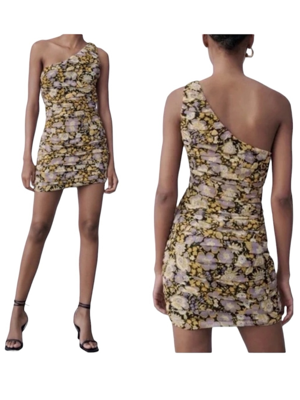 Zara Mini Dress One Shoulder Ruched Floral Print Women’s Size Medium